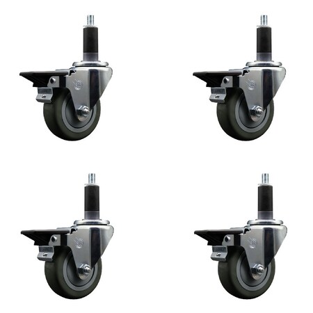 Service Caster 3.5'' Gray Poly Swivel 1-1/8'' Expanding Stem Caster Set with Brake, 4PK SCC-EX20S3514-PPUB-PLB-118-4